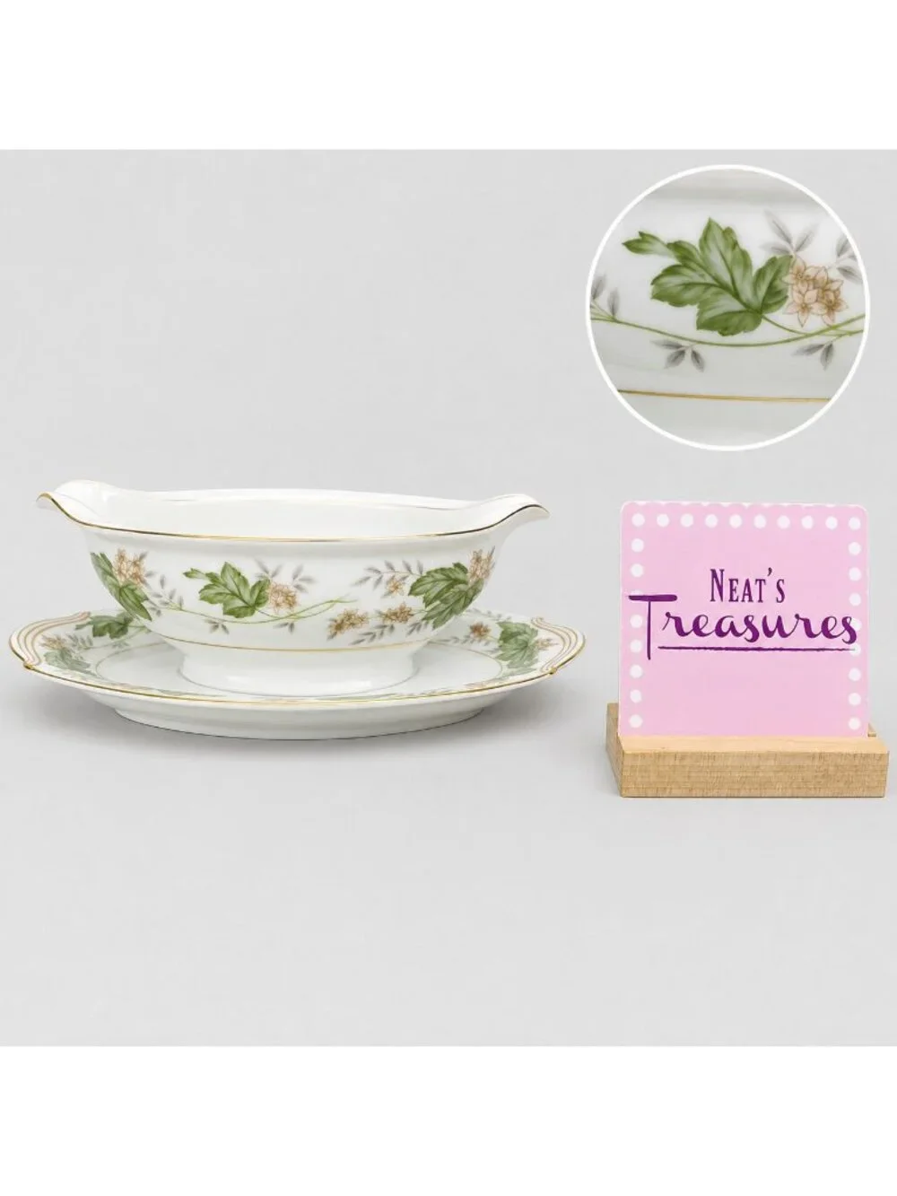MCM Noritake DAPHNE 5312 Tan White Flower Gravy Boat With Attached Under Plate
